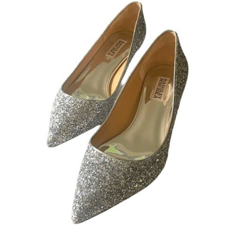 Badgley Mischka Silver Glitter Pointed Toe‎ Kitten Heel Pumps Womens Size 9 - Picture 6 of 12